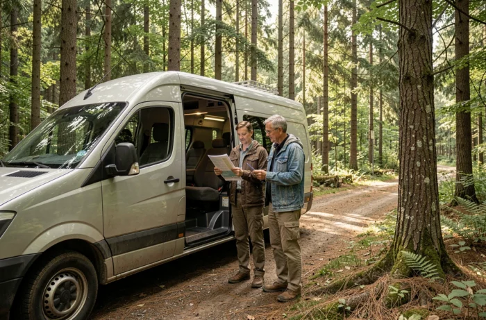 Couple devant leur van aménagé garé dans une clairière forestière, planifiant leur itinéraire de stationnement