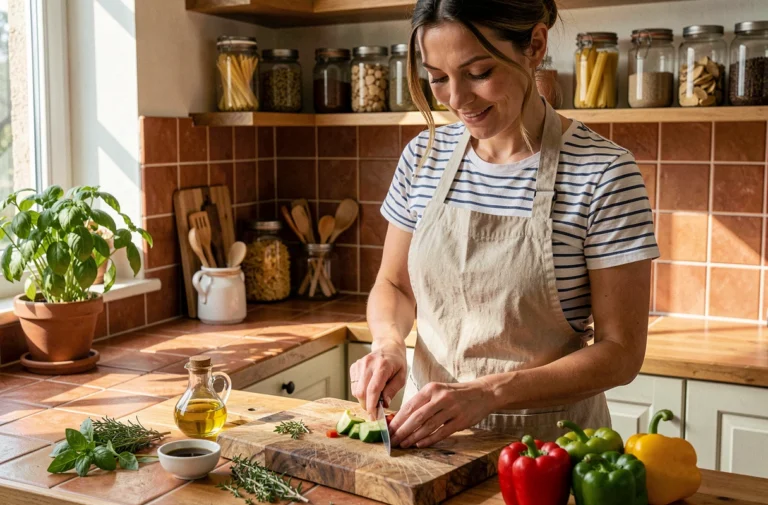 Femme préparant des légumes frais sur une planche en bois dans une cuisine maison chaleureuse