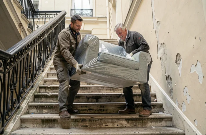Deux déménageurs portant un canapé dans un escalier lors d'un déménagement rapide en immeuble