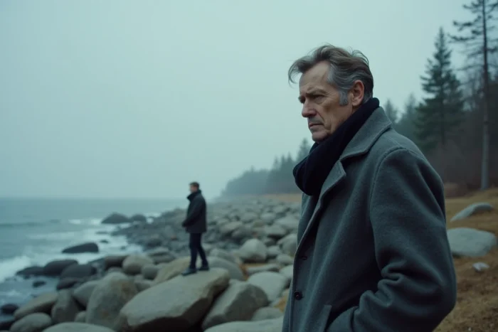 Détective en manteau gris examinant la côte rocheuse de l'archipel suédois, scène d'enquête criminelle à Sandhamn
