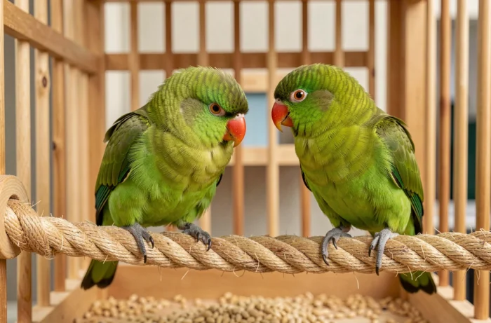 Deux kakarikis sur un perchoir en corde dans une cage en bois, échangeant des signaux comportementaux typiques de la communication entre perroquets