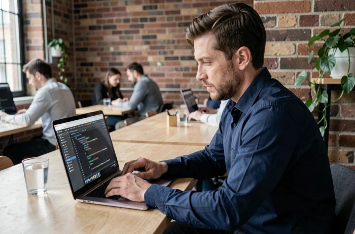 Développeur web inspectant le code source HTML dans un espace de coworking avec des outils de navigateur