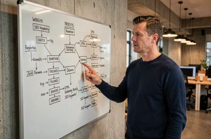 Un développeur web présente une architecture de sitemap sur tableau blanc pour améliorer le référencement