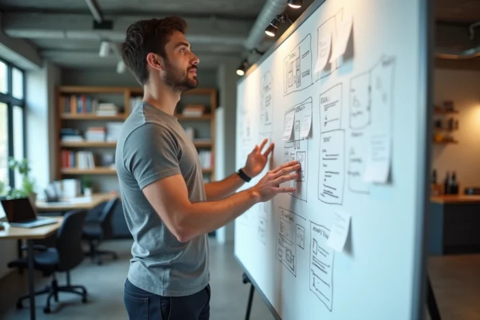Développeur web debout devant un tableau blanc avec des wireframes de design UX dans un studio créatif