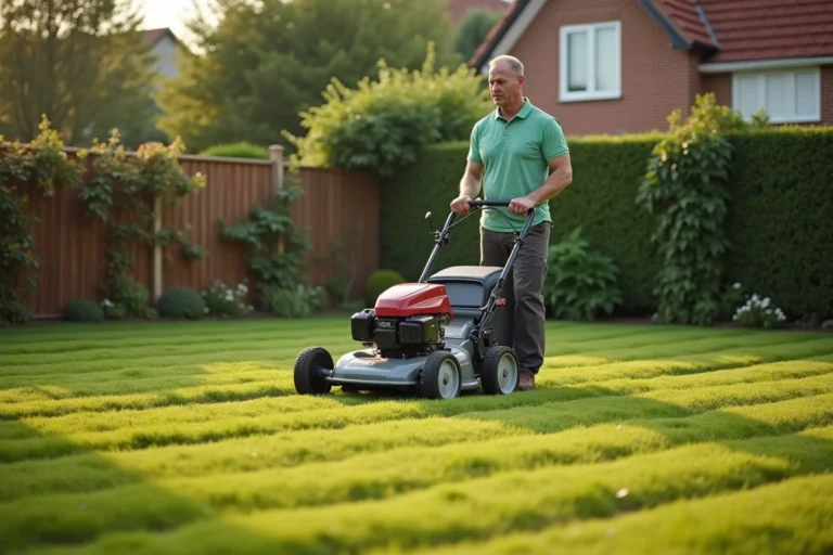 Homme en polo vert utilisant une tondeuse autoportée sur une pelouse résidentielle bien entretenue avec des rayures régulières