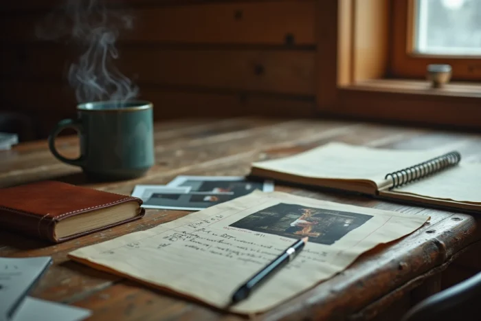 Table en bois rustique avec dossier d'enquête criminelle, notes manuscrites et photos de scène de crime, ambiance policière scandinave
