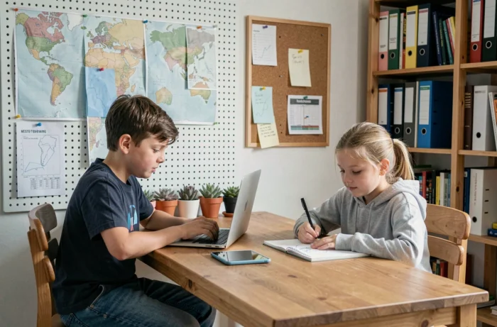 Deux enfants faisant l'école à la maison dans un coin bureau aménagé à domicile avec livres, ordinateur et fournitures