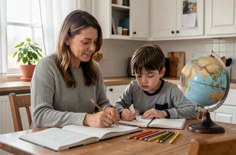 Mère aidant son fils à faire l'école à la maison autour d'une table en bois avec des livres et des cahiers
