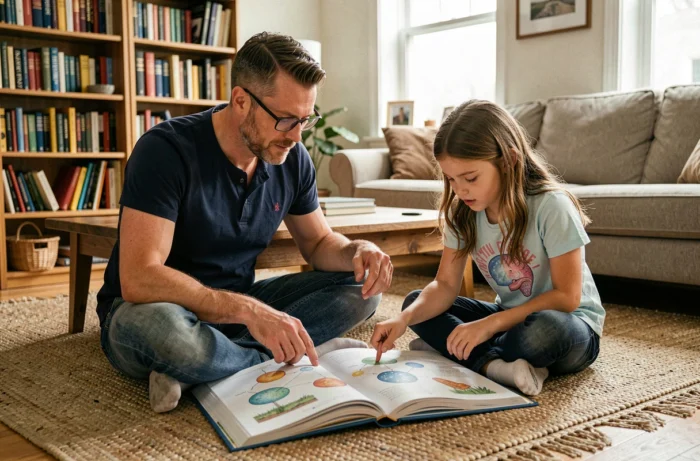 Père et fille assurant l'école à la maison assis sur un tapis de salon avec un grand livre de sciences ouvert