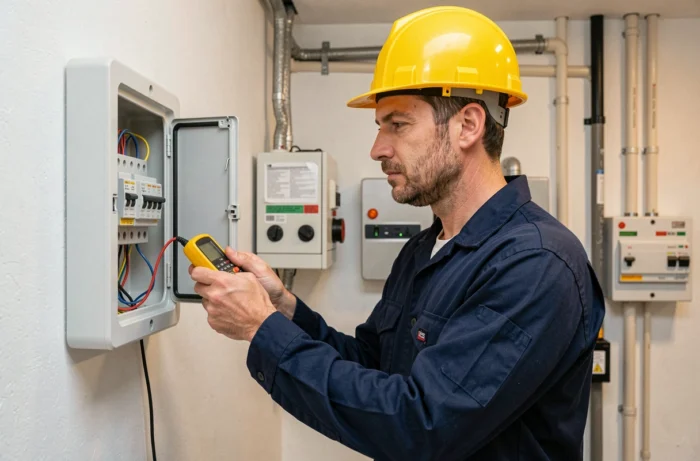 Électricien professionnel inspectant un tableau électrique dans une maison moderne avec un multimètre numérique