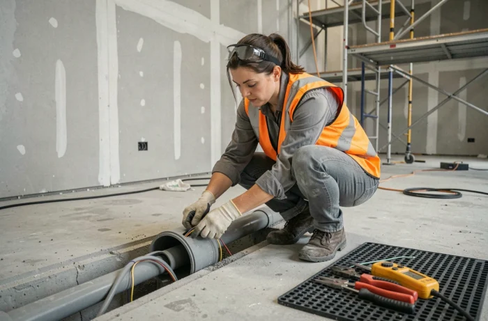 Électricienne professionnelle tirant des câbles dans un conduit sur un chantier de rénovation de bureaux commerciaux