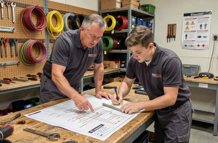 Électricien expérimenté et apprenti étudiant un schéma électrique technique dans un atelier professionnel
