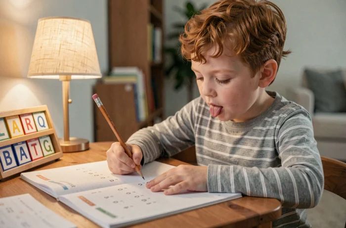 Enfant de grande section s'entraînant à écrire des syllabes dans un cahier d'exercices à la maison
