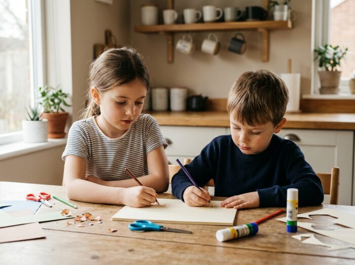 Enfants en train de fabriquer une carte anniversaire de mariage faite main à la table de cuisine