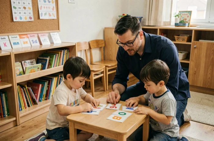 Enseignant de maternelle guidant des enfants dans l'apprentissage des sons et des lettres avec des cartes phoniques