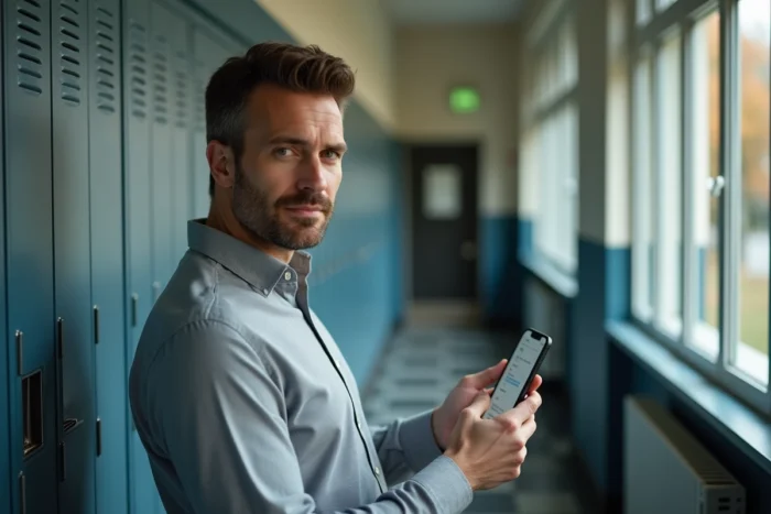 Enseignant accédant à sa messagerie académique de Créteil depuis son smartphone dans un couloir scolaire