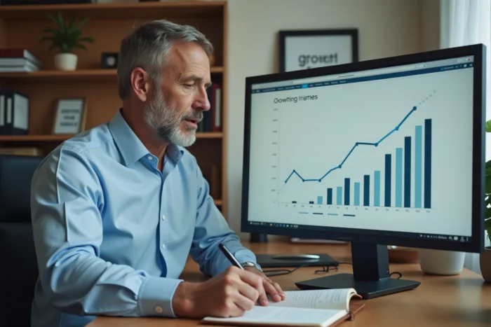 Entrepreneur masculin analysant des graphiques de croissance d'entreprise sur un écran d'ordinateur dans un bureau privé élégant