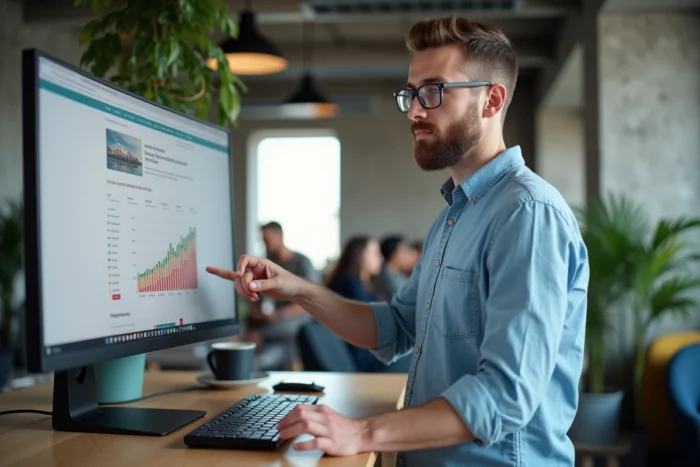 Entrepreneur masculin analysant les statistiques de son commerce en ligne dans un espace de coworking moderne