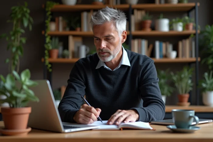 Entrepreneur travaillant depuis son bureau à domicile sur les dernières tendances pour développer son entreprise