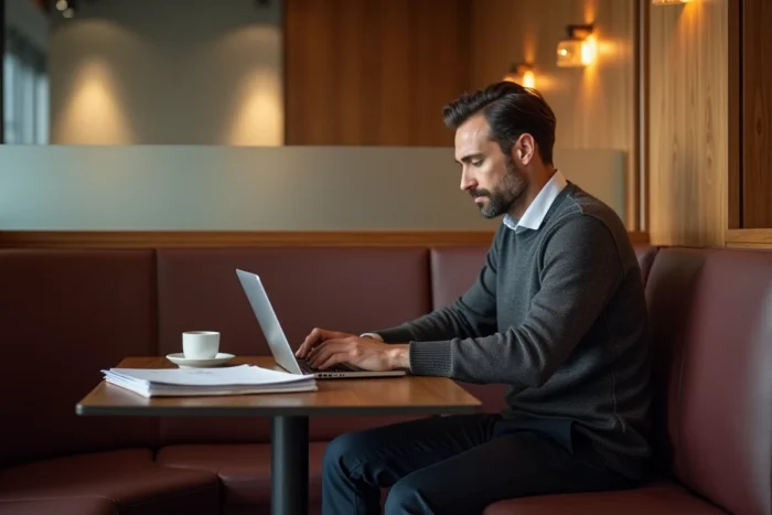 Entrepreneur masculin travaillant seul dans un salon business haut de gamme avec ordinateur portable et rapport financier