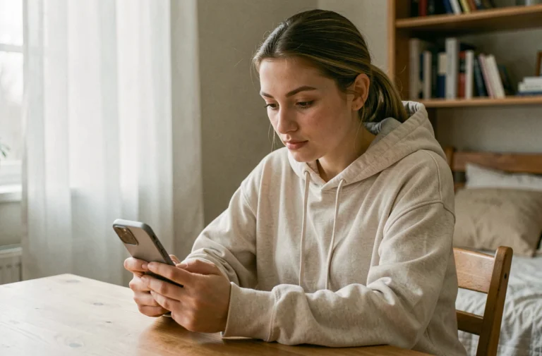 Jeune femme utilisant Snapchat sur son smartphone pour envoyer une photo en vue unique