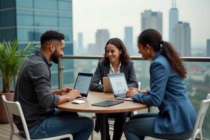 Équipe de professionnels collaborant sur une stratégie de présence en ligne en terrasse avec vue sur la ville