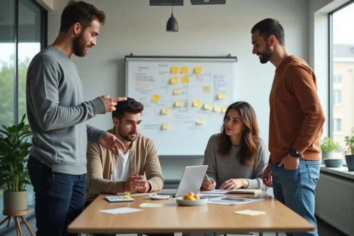 Équipe d'entrepreneurs en séance de brainstorming collaboratif autour d'une table de réunion moderne avec tableau blanc