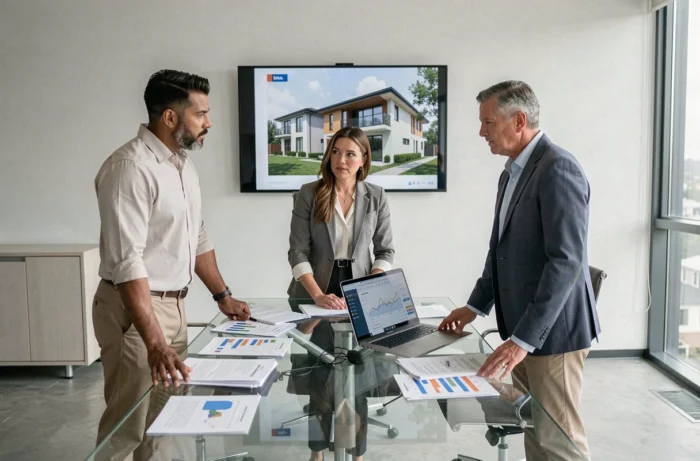 Équipe de professionnels de l'immobilier en réunion stratégique autour de documents d'évaluation de projets dans une salle de conférence moderne
