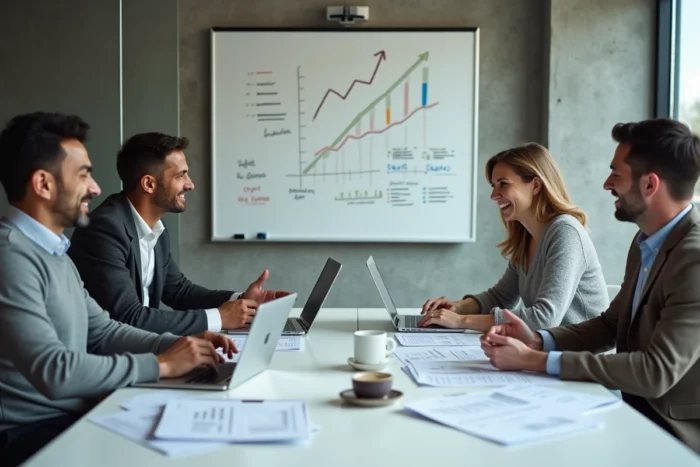 Équipe de professionnels en réunion stratégique discutant des tendances business pour booster la croissance