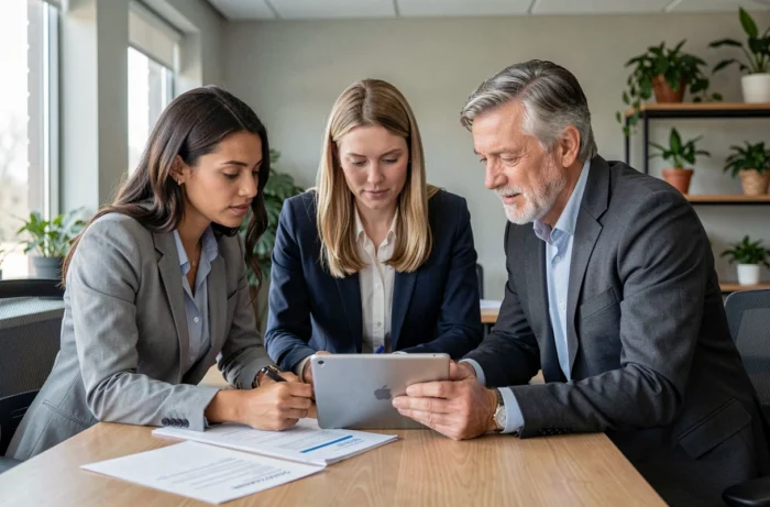 Équipe professionnelle analysant des solutions sur-mesure autour d'une table dans un bureau moderne et lumineux