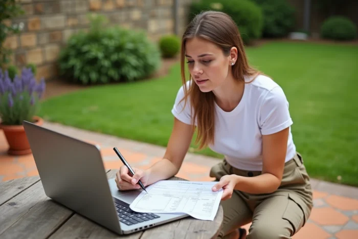 Femme calculant le coût d'une tonte de pelouse avec un devis papier et un ordinateur portable sur une terrasse extérieure