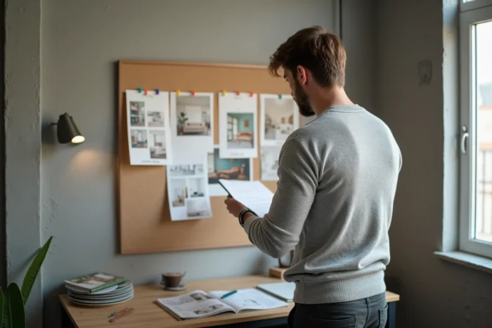 Étudiant en architecture d'intérieur examinant un tableau de références visuelles dans son studio aménagé en espace de travail