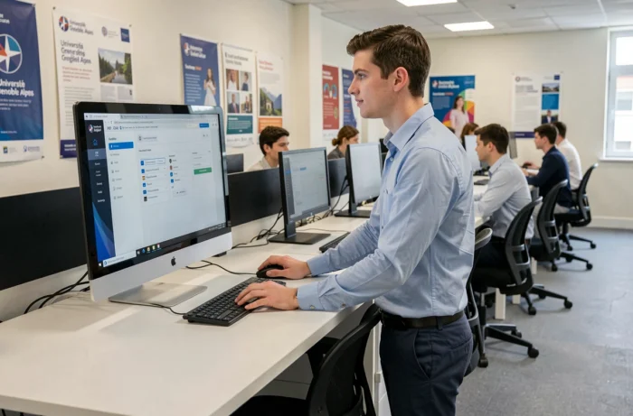 Étudiant utilisant un poste informatique universitaire pour accéder à l'espace Léo de l'Université Grenoble Alpes