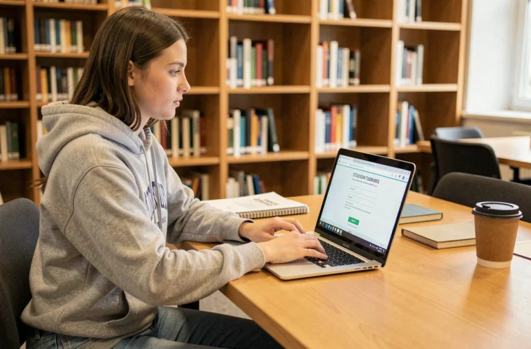 Étudiante connectée à l'espace numérique Léo UGA sur son ordinateur portable dans une bibliothèque universitaire de Grenoble