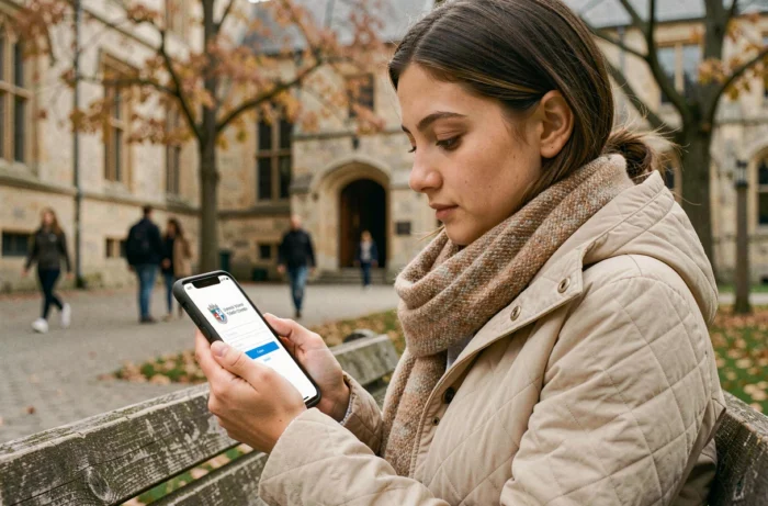 Jeune étudiante accédant à l'espace Léo UGA sur smartphone dans la cour du campus de l'Université Grenoble Alpes en automne