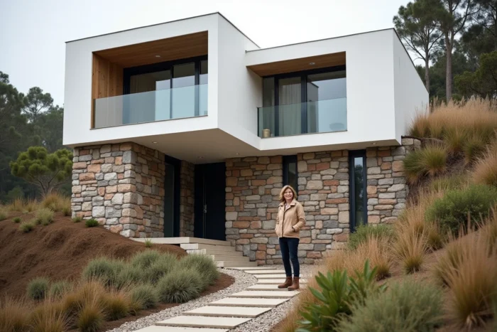 Façade extérieure d'une maison moderne avec sous-sol semi-enterré visible sur terrain en pente, mur de soutènement en pierre et jardin paysager