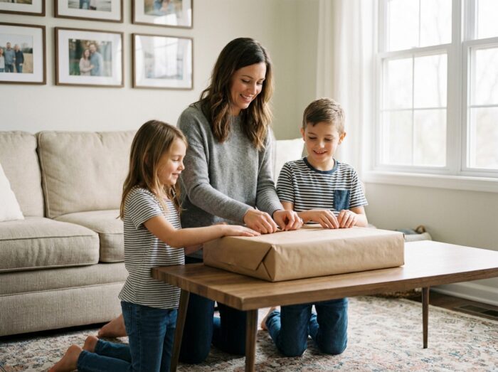 Mère et enfants emballant ensemble un cadeau pour les 10 ans de mariage des parents