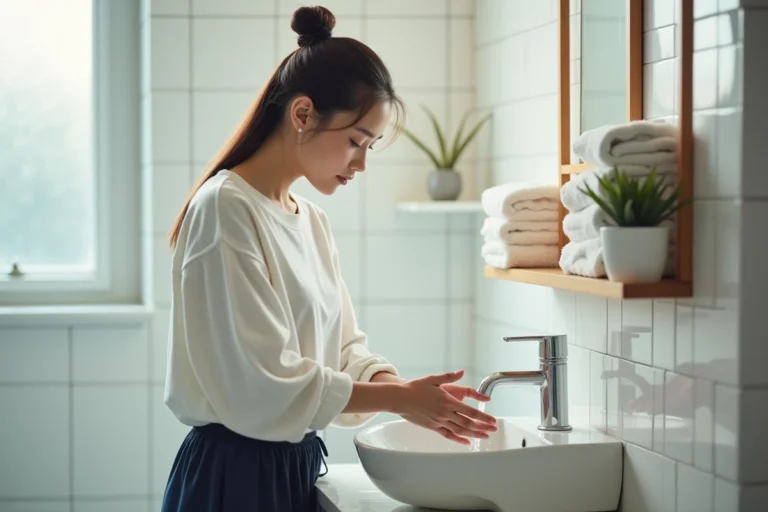 Femme effectuant les ablutions rituelles au lavabo dans une salle de bain propre et apaisante