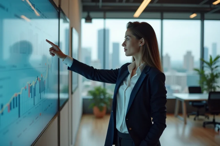 Femme d'affaires analysant des tendances de croissance sur un tableau de bord numérique dans un bureau moderne