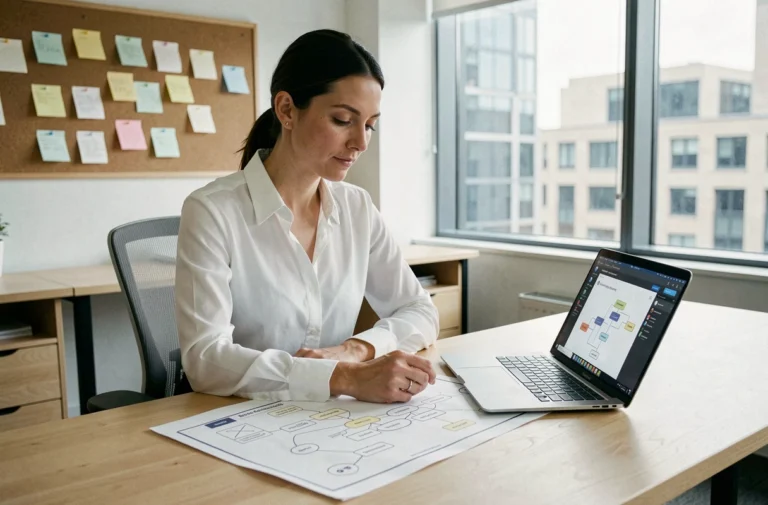 Une professionnelle analyse un sitemap imprimé pour optimiser la navigation d'un site web emploi
