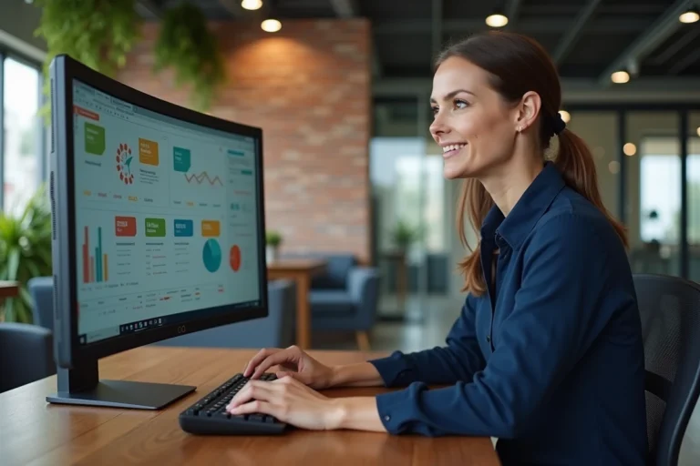 Femme professionnelle analysant des tendances web sur un grand écran dans un bureau moderne