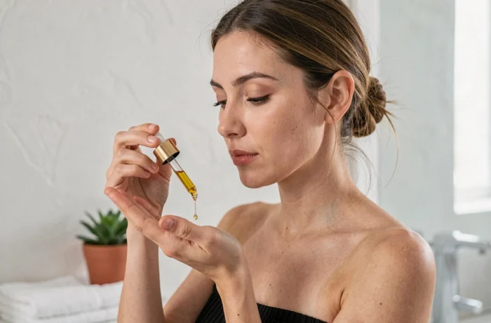 Jeune femme appliquant une huile végétale naturelle en remplacement de l'huile de jojoba dans sa routine beauté