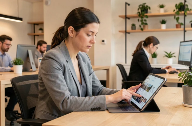 Femme professionnelle consultant l'actualité digitale sur une tablette dans un bureau moderne