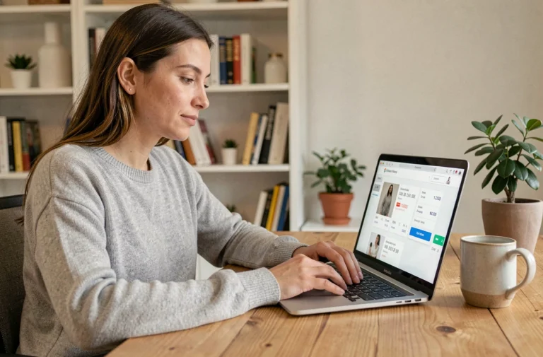 Femme consultant son solde Amazon sur un ordinateur portable dans un bureau à domicile confortable