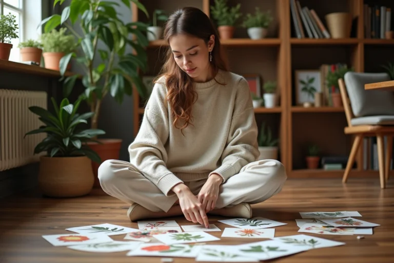 Femme créative organisant des cartes d'illustration botaniques et des fournitures artisanales sur un parquet en bois dans un appartement cosy