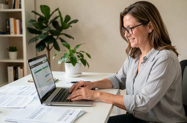 Femme consultant un dossier de crédit immobilier en ligne depuis son bureau à domicile