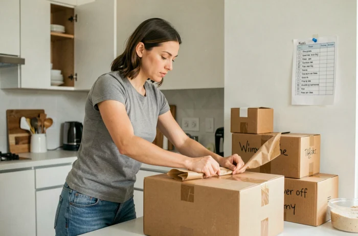 Femme emballant des affaires fragiles dans des cartons lors d'un déménagement rapide et organisé
