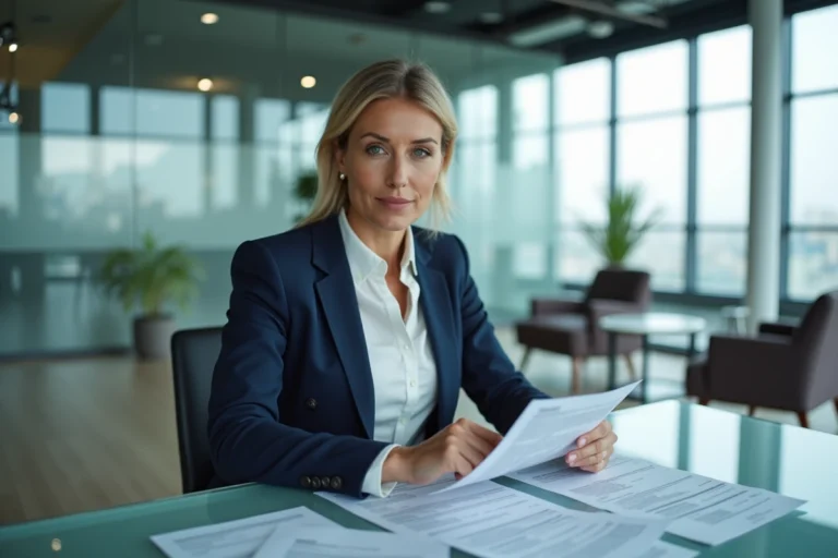 Femme entrepreneur dans un espace business moderne consultant des documents financiers sur un bureau en verre