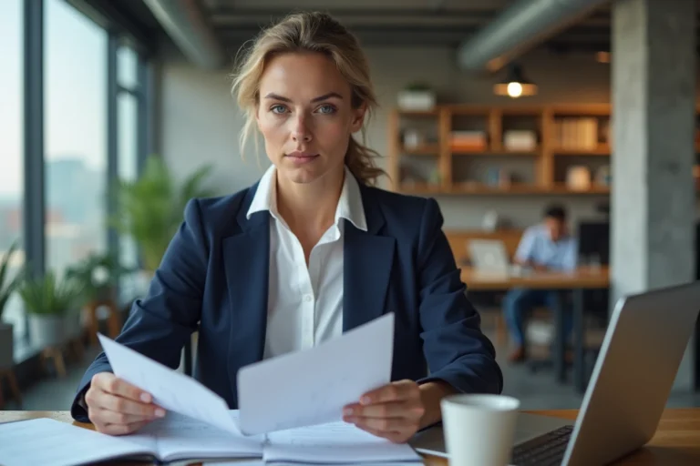 Femme entrepreneur concentrée qui analyse des documents de stratégie d'entreprise dans un espace de coworking moderne