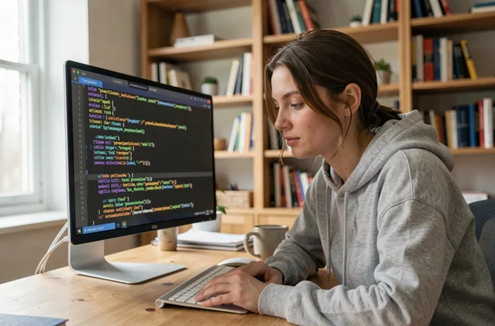 Jeune femme explorant du code HTML sur un grand écran d'ordinateur dans un bureau moderne à domicile